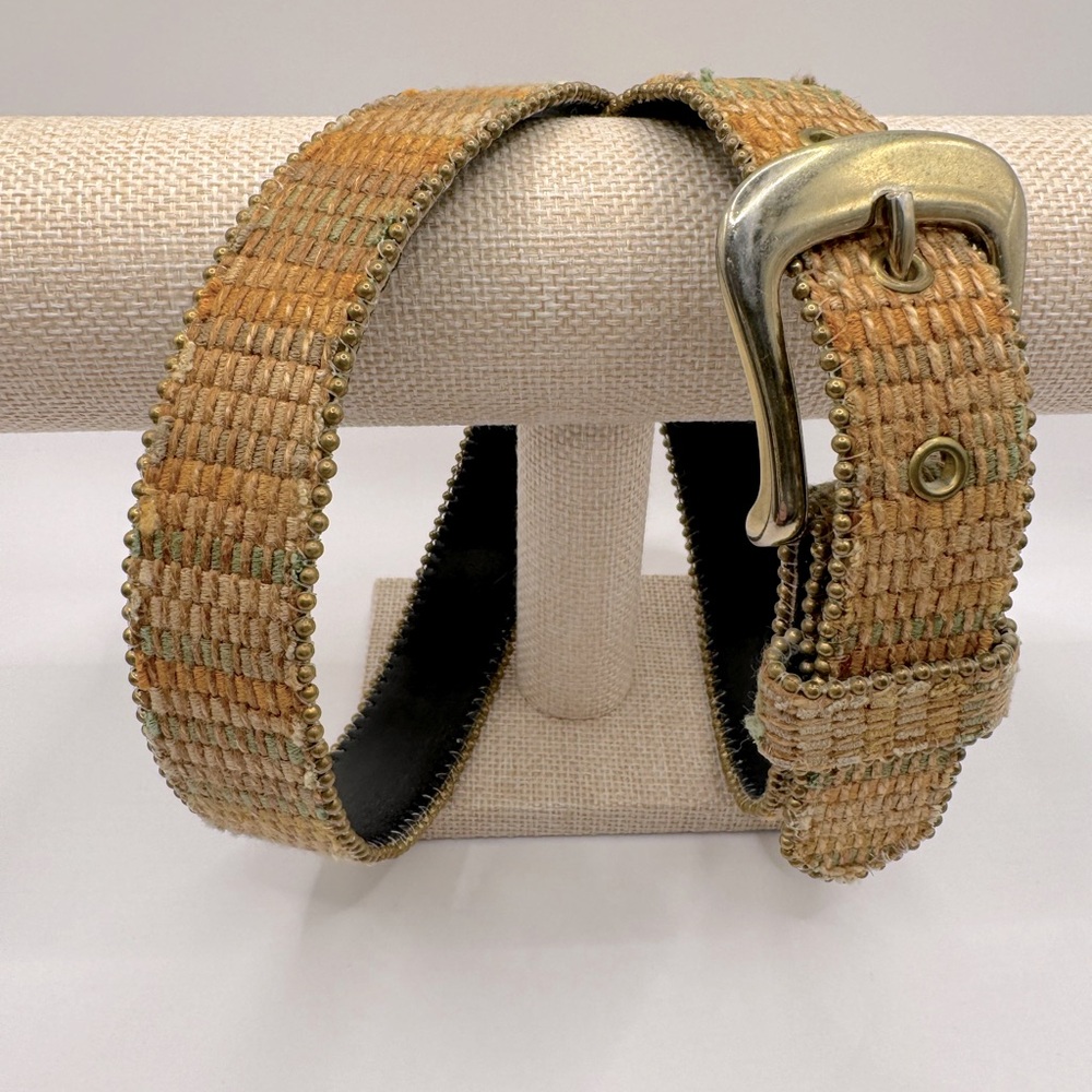 Vintage Belt Multi-colored Woven Pattern & Gold Metallic Beaded Edging - Small